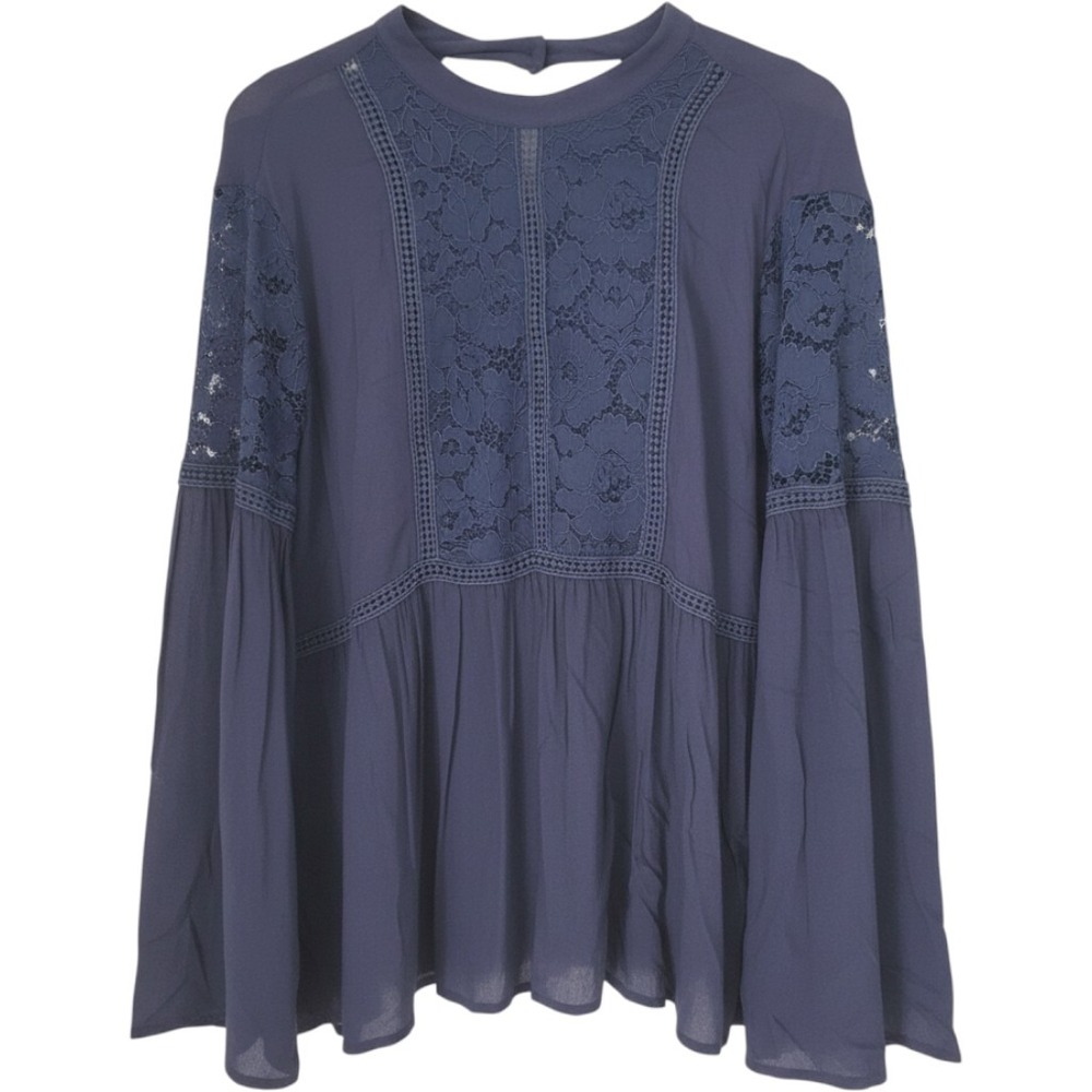 Ariat Navy Blue Lace Inset Long Sleeve Peplum Blouse XL Mock Neck Boho Western